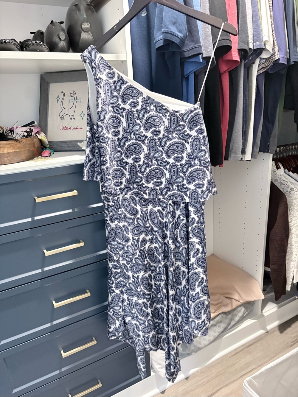 Banana Republic One-Shoulder Blue & White Paisley Dress
